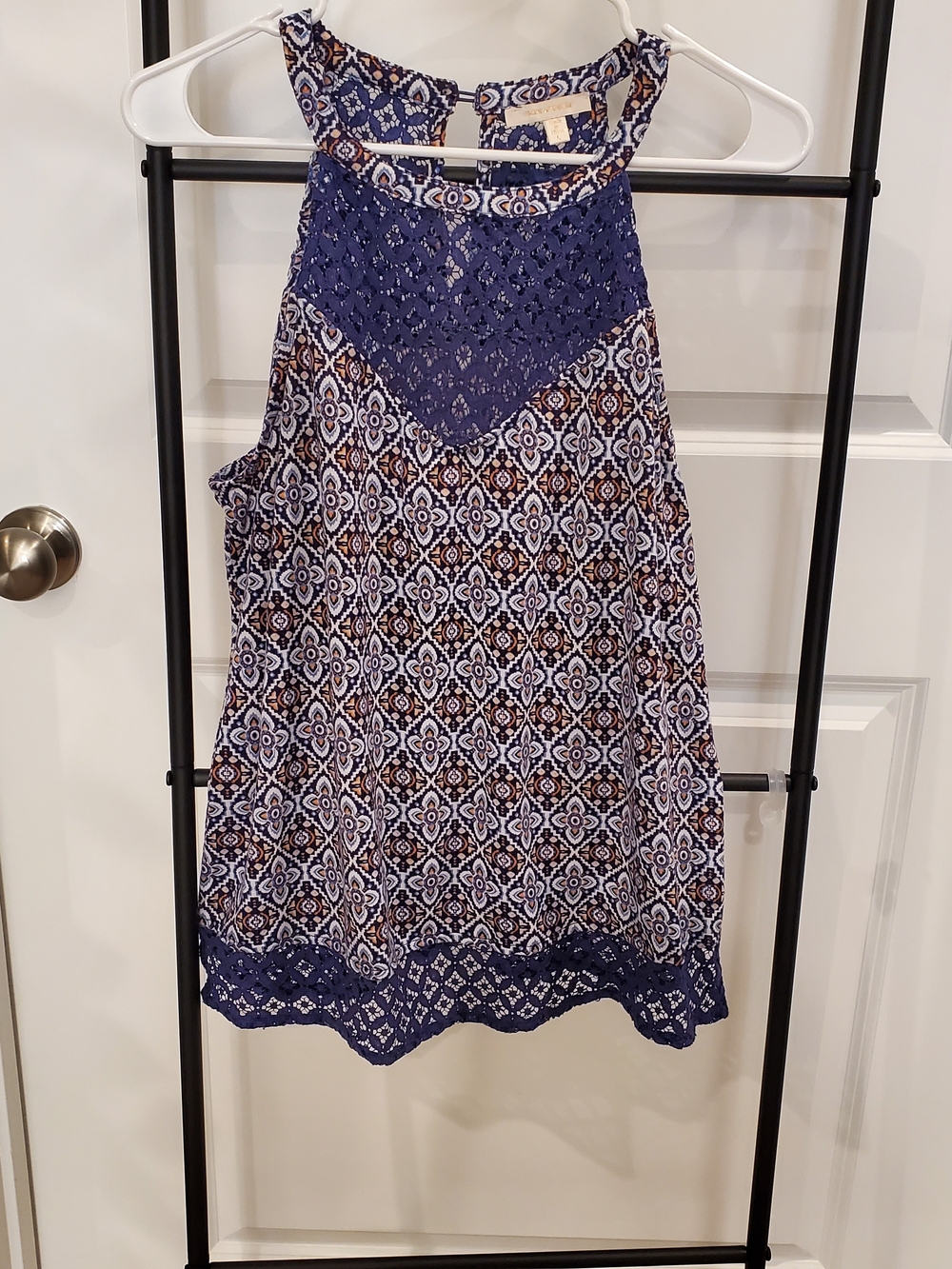 Skies Are Blue Navy Blue and White Lace Top with Orange Accents